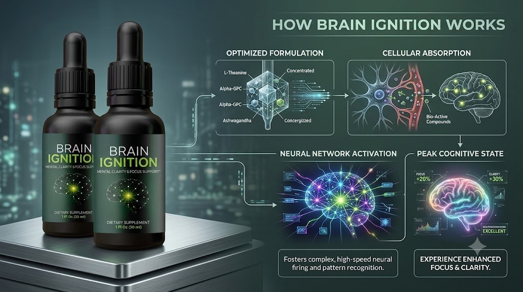 How Brain Ignition works: optimized formulation, cellular absorption and neural network activation illustration